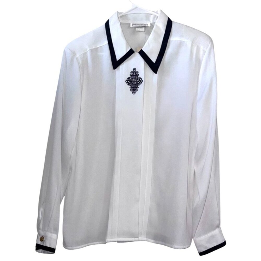 Impressions Of California White Long-Sleeve Blouse With Black Embroidered Collar